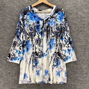 NorthStyle Blouse Women L Large White Floral V-Neck 3/4 Sleeve Pullover Casual